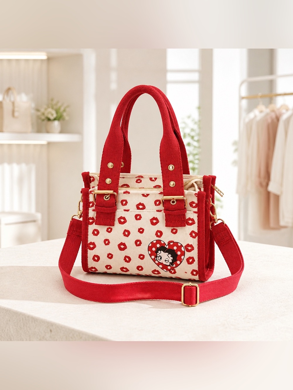 Betty Boop Red & Cream Lips Satchel Crossbody Bag